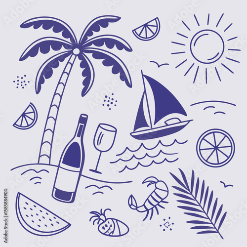 Stylish tropical vacation illustration with fruity drinks, sailing boats, coconuts, and palm leaves. Hand-drawn summer icon set for seamless pattern design and creative product branding.

