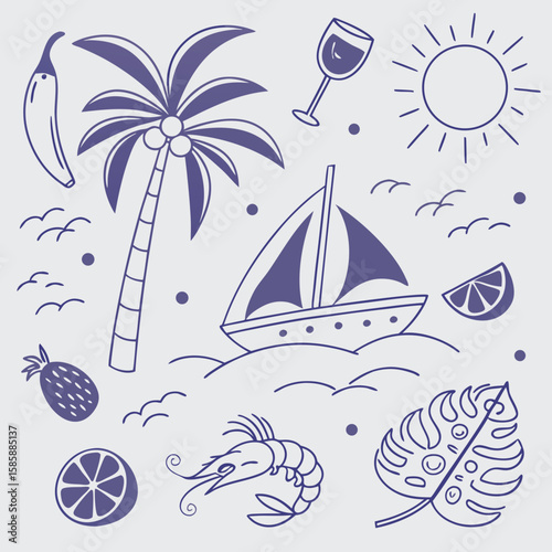 Fun seamless tropical island vacation scene featuring hand-drawn boats, fruits, coconuts, and palm leaves. Playful summer icon collection for seasonal creative and branding projects.

