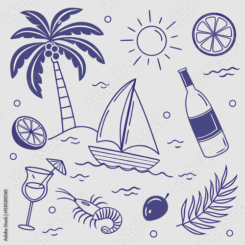 Stylish tropical icon set with cocktails, palm trees, and boats in a hand-drawn outline style. Summer vacation elements in seamless format ideal for fashion, branding, and product labels.

