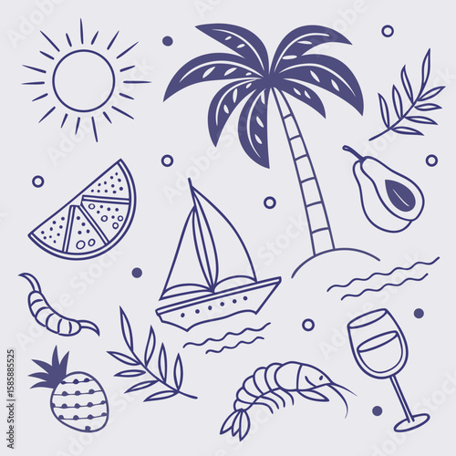 Playful tropical island illustration with fruity cocktails, boats, coconuts, and beach palm trees. Whimsical summer vacation design in seamless format for branding and seasonal decoration.

