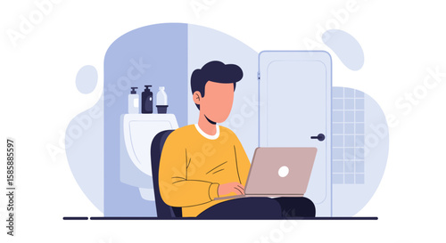 An illustration of a young man multitasking on his laptop while sitting on a toilet, depicting the realities of working from home.
