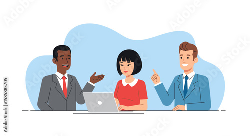A diverse team of business professionals collaborates around a laptop, engaging in a productive meeting with animated discussion and teamwork.