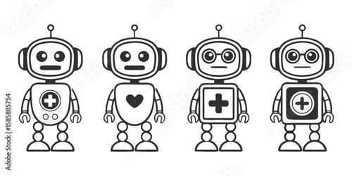 Four stylized robots with medical symbols icons health