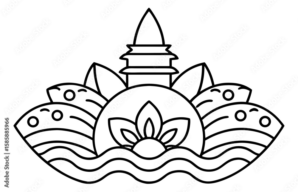 Obraz premium Buddhist Temple Emblem Line Art | Lotus Flower & Stupa Outline Design