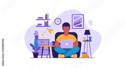 Digital illustration of a young man sitting cross-legged on a chair, focused on his laptop in a modern home office environment.