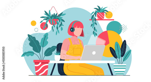 A modern flat illustration depicts a young woman with headphones working comfortably on her laptop surrounded by vibrant houseplants.