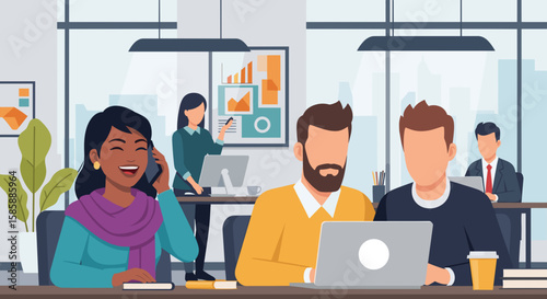 A diverse group of professionals actively collaborates and works on laptops in a modern, open-plan office environment, showcasing teamwork and productivity.