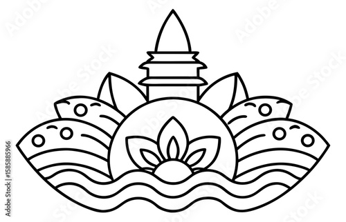 Buddhist Temple Emblem Line Art | Lotus Flower & Stupa Outline Design