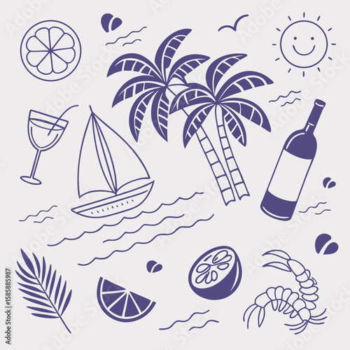 Hand-drawn summer vacation elements in a tropical island theme with cocktails, coconuts, and sailing boats. Seamless pattern for creative seasonal designs, packaging, and product branding.

