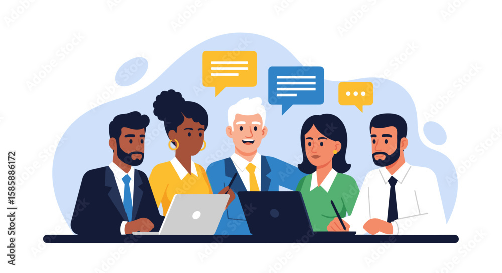 Obraz premium Diverse business team collaborating and communicating effectively during a meeting, using laptops and speech bubbles.