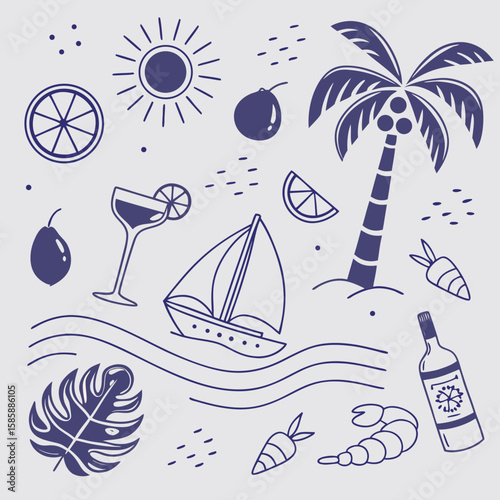 Cute and charming tropical summer design with palm leaves, coconuts, fruity cocktails, and boats. Seamless hand-drawn pattern for creative seasonal branding and coastal digital designs.

