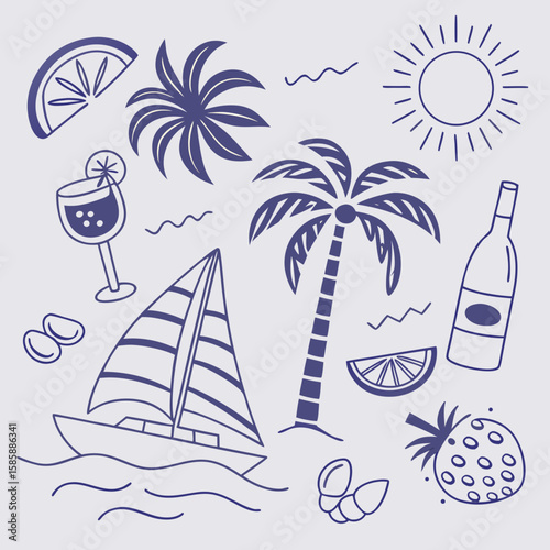 Whimsical tropical illustration with cocktails, coconuts, palm leaves, and sailing boats. Hand-drawn island scene perfect for seamless summer graphics, lifestyle branding, and digital art.

