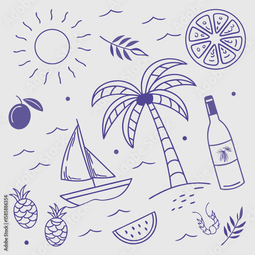 Playful hand-drawn summer pattern featuring sailboats, fruity drinks, palm trees, and coconuts. Tropical vacation icons in a fun outline style for fashion, branding, and packaging designs.

