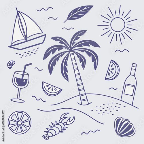 Stylish hand-drawn tropical summer scene with sailing boats, drinks, palm leaves, and coconuts. Whimsical outline icon set in seamless format perfect for creative branding and product packaging.

