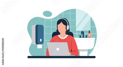 An illustrated woman wearing headphones is focused on her laptop while working from an unconventional public restroom setting.