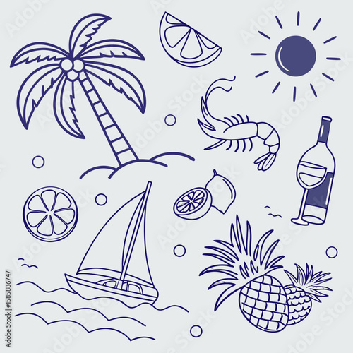 Hand-drawn tropical summer vacation design featuring palm trees, fruity drinks, seashells, and boats. Fun and whimsical icon pattern for seamless product packaging and creative marketing visuals.

