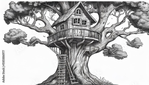 Detailed black and white line art drawing of a treehouse nestled within an ancient tree