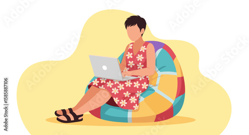A person comfortably using a laptop while sitting on a colorful beanbag chair, working remotely or enjoying leisure time.