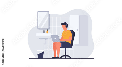 A focused young man works on his laptop in a modern bathroom, highlighting the flexibility of remote work in a clean, flat vector illustration.