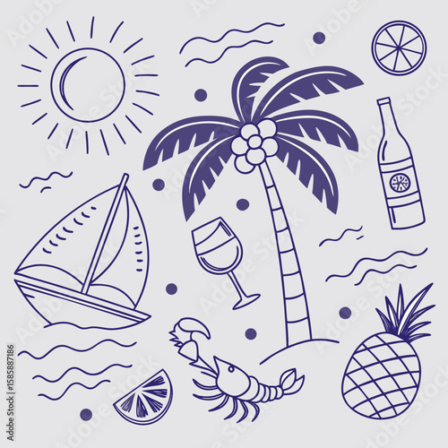 Whimsical summer vacation pattern with boats, tropical drinks, palm trees, and seashells. Hand-drawn line art perfect for seamless coastal illustrations, digital artwork, and packaging designs.

