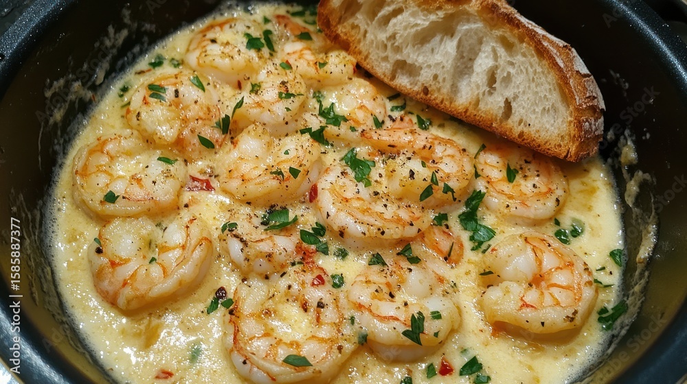 Shrimp creamy dish with bread Shrimp creamy dish with bread