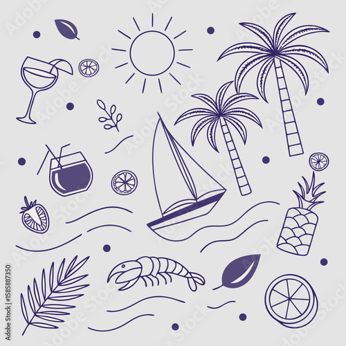 Stylish tropical summer pattern with hand-drawn boats, palm leaves, coconuts, and fruity cocktails. Whimsical vacation elements perfect for seamless textile, print, and branding assets.

