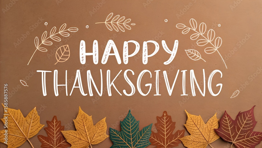 Obraz premium Happy Thanksgiving greeting with colorful autumn leaves and leaf illustrations.