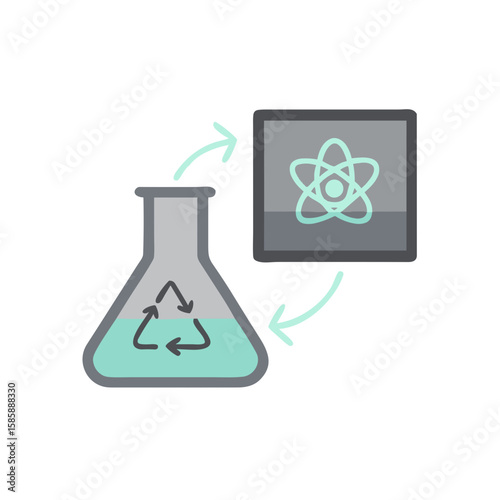 Recycling science icon with laboratory flask and atom symbol  