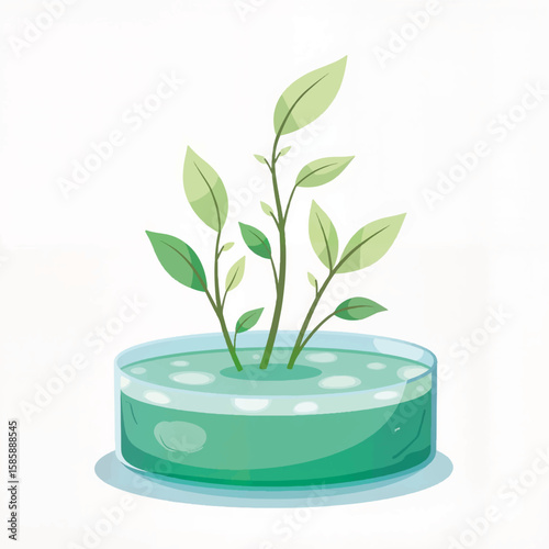Green plant growing in petri dish with blue water and bubbles  