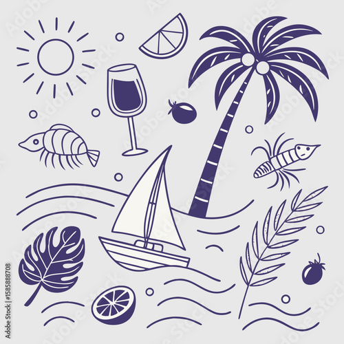 Playful tropical summer icon set featuring boats, fruity drinks, seashells, and palm leaves. Hand-drawn outline illustrations perfect for seamless surface design, packaging, and branding kits.

