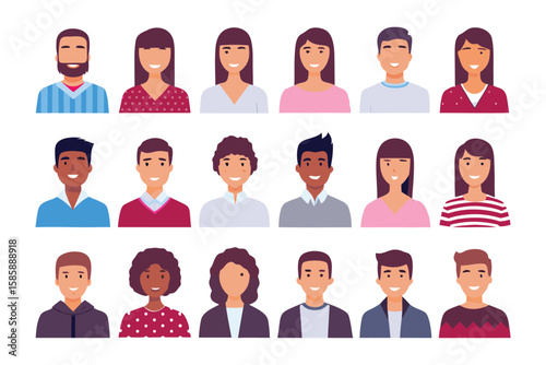 Diverse Portrait Collection: A vibrant mosaic of individual faces, each representing a unique personality. This curated collection is perfect for illustrating diversity in a stylized, engaging manner.