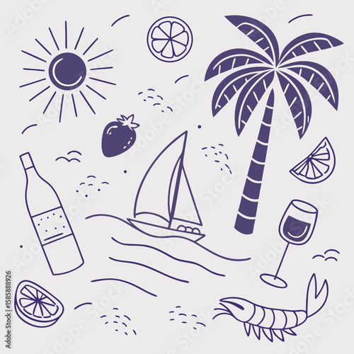 Hand-drawn tropical summer pattern with relaxing island elements including fruity drinks, coconuts, palm trees, and sailboats. Whimsical outline illustration for seamless and seasonal uses.

