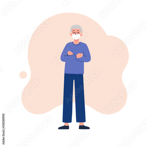 Elderly in medical mask. Senior person wearing face covering. Mature adult in protective gear. Old person staying safe indoors. Elderly set