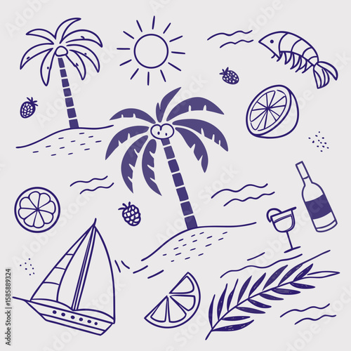 Fun and stylish tropical vacation illustration with cocktails, boats, and palm leaves. Hand-drawn seamless pattern design with calming pastel tones for creative summer product branding.


