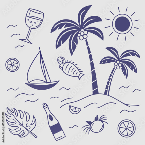 Whimsical and stylish tropical summer pattern with sailing boats, coconuts, palm trees, and fruity drinks. Hand-drawn island vibe illustration perfect for seamless surface design themes.

