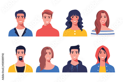 Diverse Avatar Collection: A set of eight unique and stylized avatars, showcasing a range of diverse individuals, each with their own distinct features, expressions, and attire.