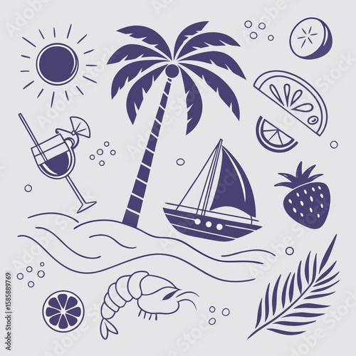 Delightful tropical icon set featuring cocktails, coconuts, boats, and palm trees in a hand-drawn style. Seamless summer vacation elements for branding, fashion, and coastal design projects.

