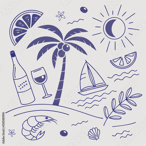Whimsical tropical vacation illustration with boats, fruit cocktails, and palm leaves. Hand-drawn summer island elements in modern blue and pastel hues for creative seamless design projects.

