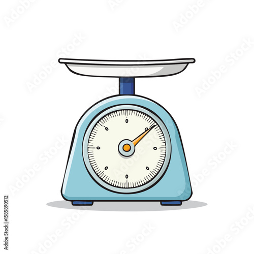 Light blue kitchen scale for cooking or baking recipes, food photography, kitchen blog posts, or weight loss concepts. Ideal for culinary themed designs.