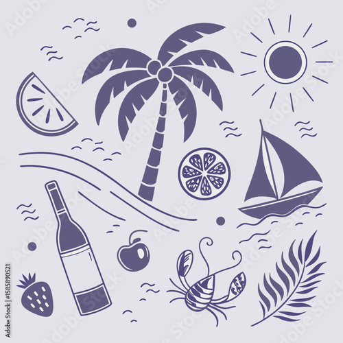 Hand-drawn tropical island illustration featuring a sailboat, fruity drinks, palm trees, and seashells. Playful summer vacation scene in modern line art for seamless design and branding use.

