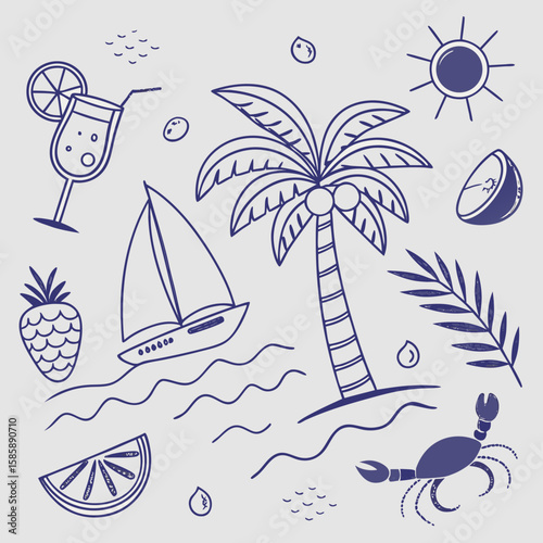 Coastal summer scene with sailing boats, palm trees, fruity drinks, and island icons. Fun and trendy hand-drawn tropical vacation design for surface patterns, posters, and creative branding.

