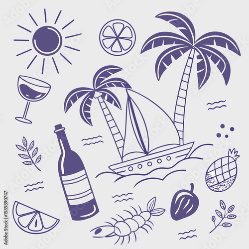 Hand-drawn tropical summer vacation design with cocktails, boats, palm leaves, and coconuts. Cute and playful island icon set in outline style for seamless patterns and tropical branding.

