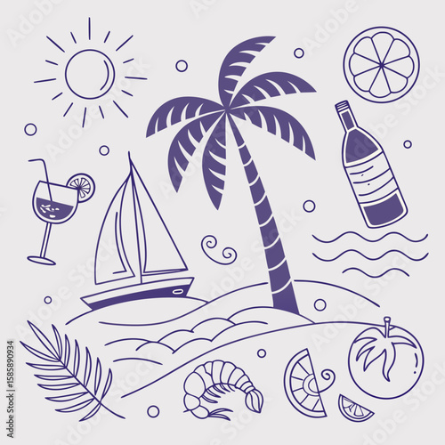 Hand-drawn tropical icons set with cocktails, seashells, palm trees, and boats. Fun and cute summer vacation elements in a seamless pattern design perfect for fashion and creative products.

