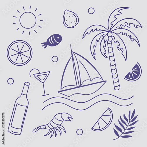 Cute and festive tropical summer pattern featuring drinks, boats, palm leaves, and fruits. Whimsical line art design in seamless format for creative projects and seasonal branding assets.

