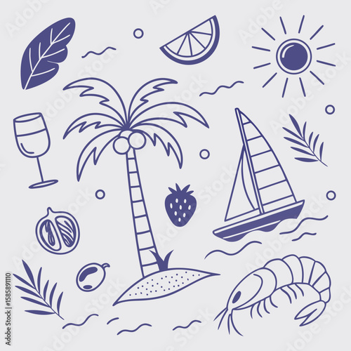 Whimsical tropical island illustration with fruity drinks, palm trees, and a sailboat. Playful and elegant hand-drawn scene for seamless patterns, packaging, and travel-themed designs.


