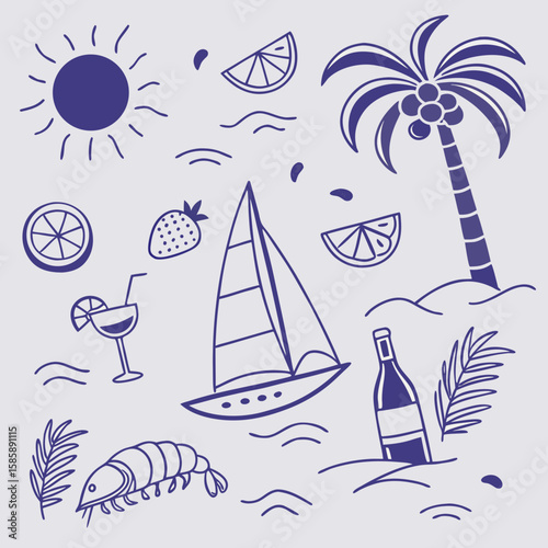 Playful summer vacation illustration with palm trees, tropical fruits, drinks, and boats. Hand-drawn coastal elements in a trendy seamless design perfect for branding, packaging, and decor.

