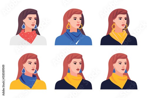 Illustrative Fashion Forward: Captivating illustration presenting different variations of woman adorned with stylish earring and chic scarf showcasing diverse color combination and design.