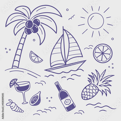 Elegant tropical summer scene with cocktails, sailing boats, palm trees, and fruit. Stylish outline illustration perfect for branding, apparel, and coastal-inspired design collections.

