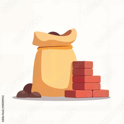 Chocolate bag with cocoa beans and stacked chocolate blocks  