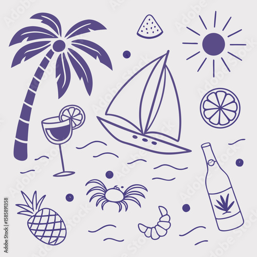 Playful hand-drawn tropical vacation scene with sailing boats, palm leaves, and fruits. Whimsical and trendy summer icon set in outline style for illustration, branding, and web use.

